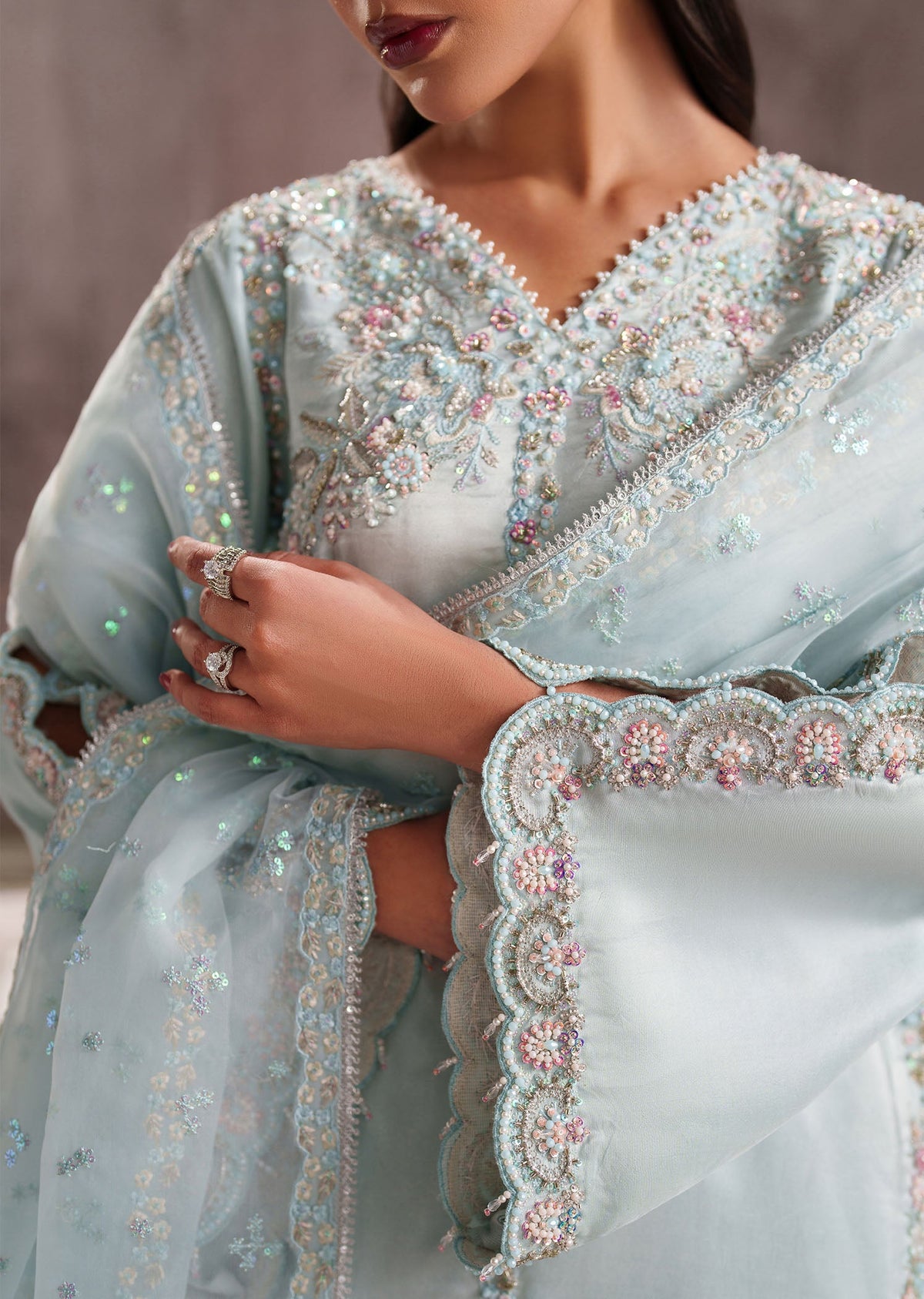 Diana ice blue crushed-trouser suit, reference outfit photograph 8 — Made by Mairaz reproduction