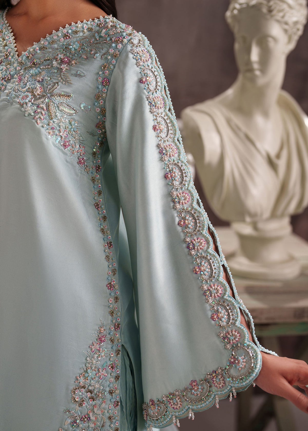 Diana ice blue crushed-trouser suit, reference outfit photograph 9 — Made by Mairaz reproduction