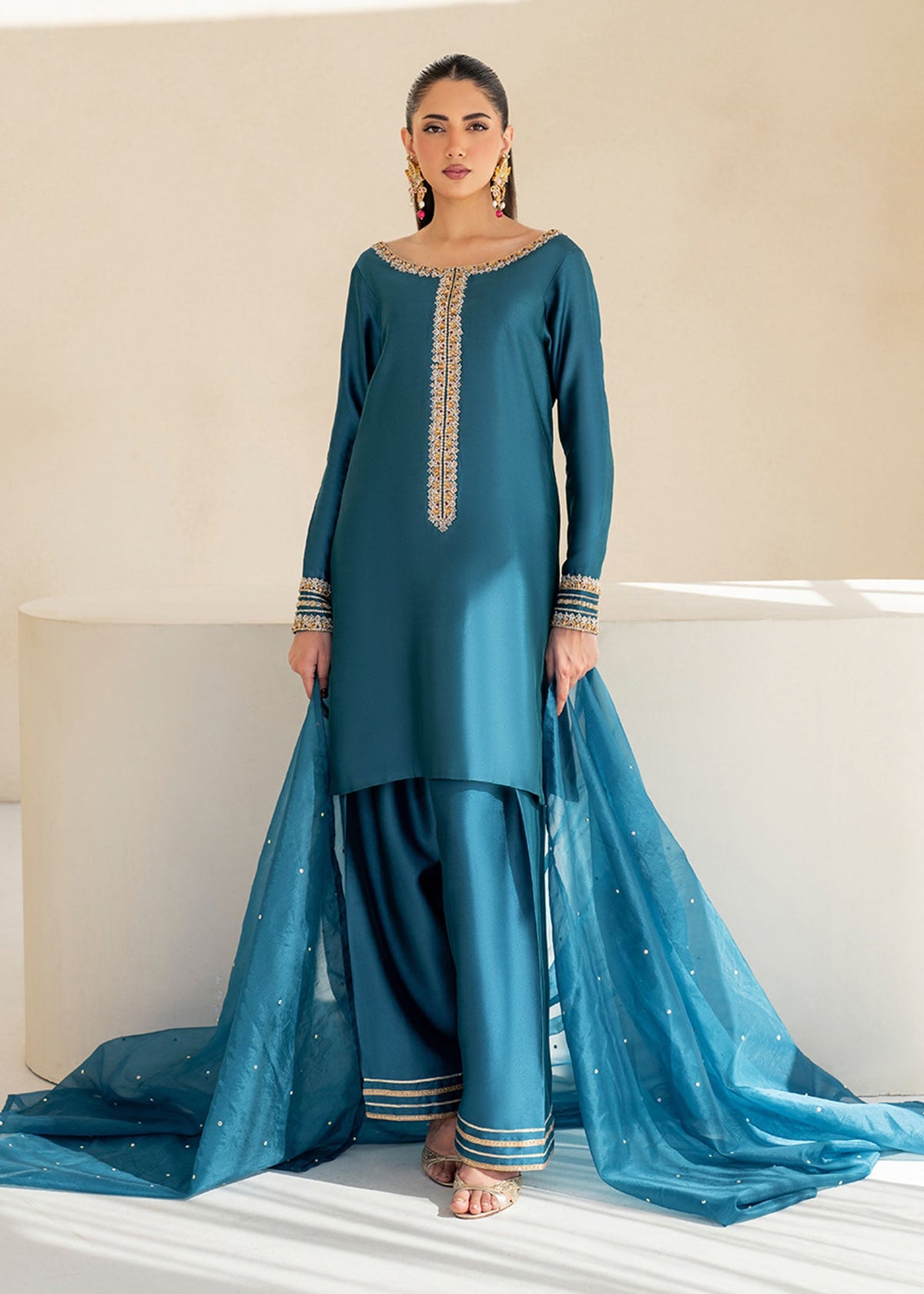 Elisa teal blue shirt suit, reference outfit photograph 1 — Made by Mairaz reproduction