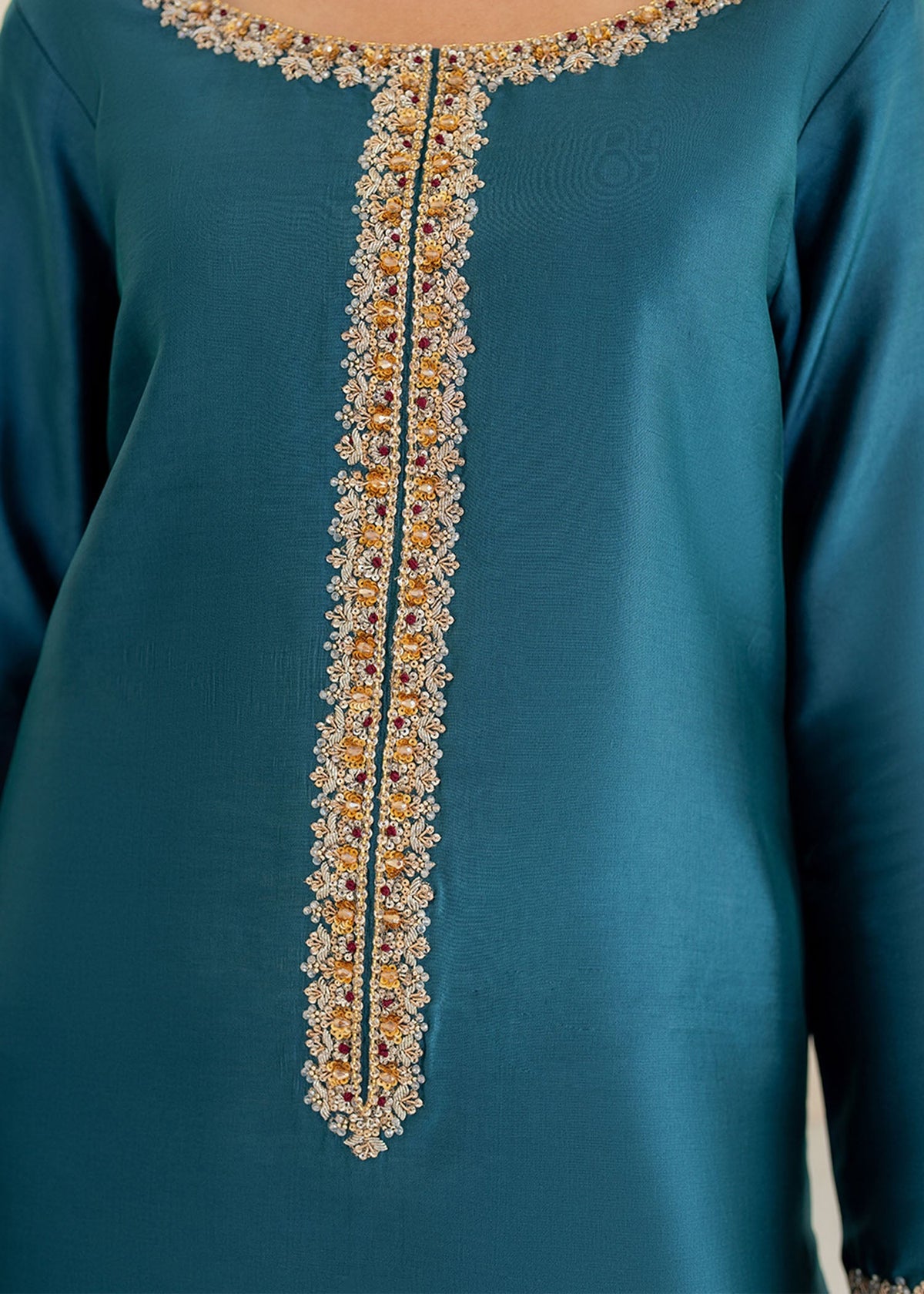 Elisa teal blue shirt suit, reference outfit photograph 2 — Made by Mairaz reproduction