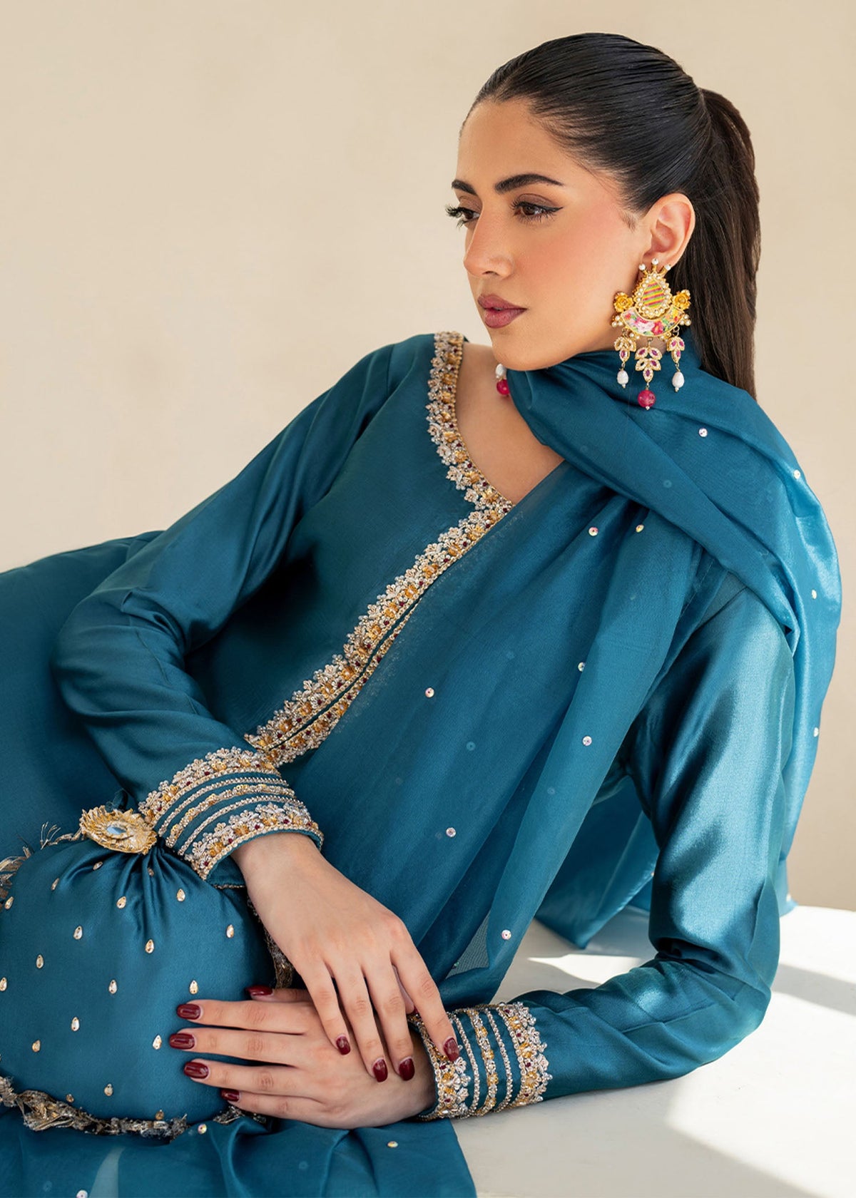 Elisa teal blue shirt suit, reference outfit photograph 3 — Made by Mairaz reproduction
