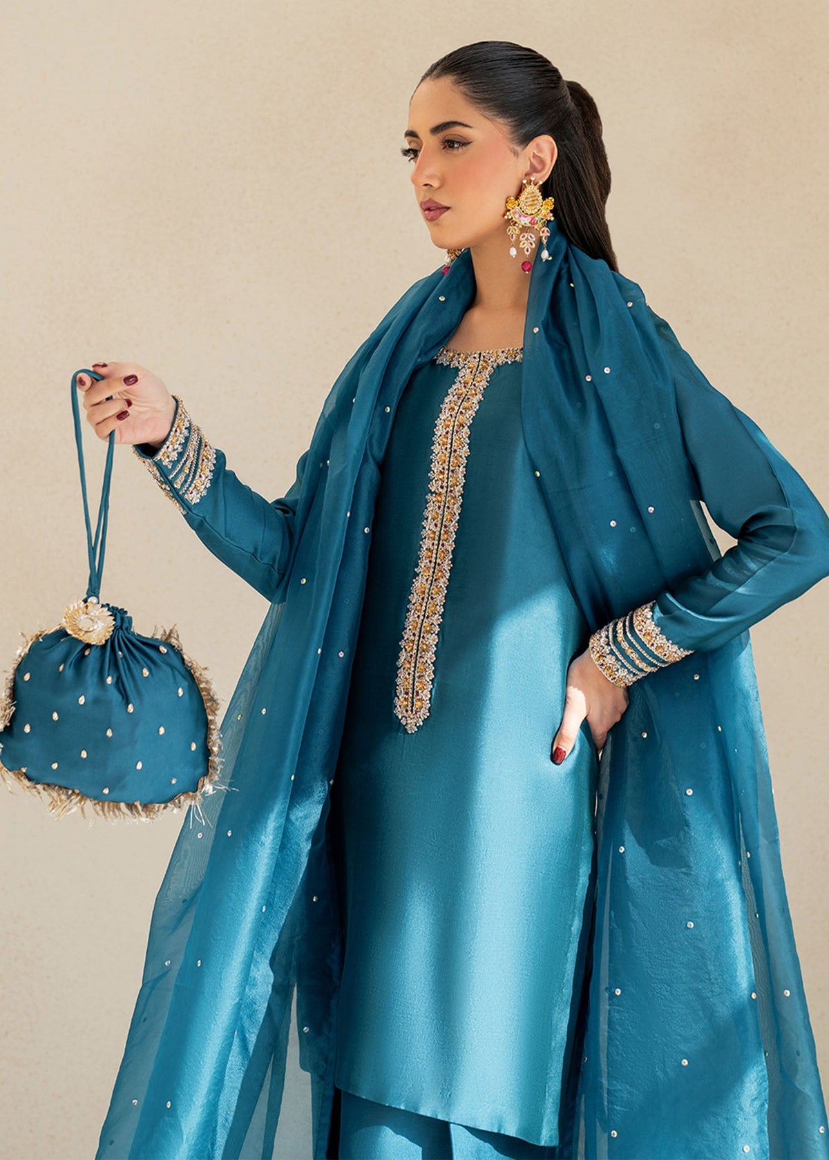 Elisa teal blue shirt suit, reference outfit photograph 5 — Made by Mairaz reproduction