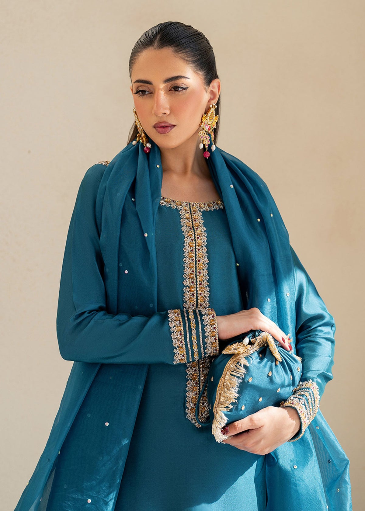 Elisa teal blue shirt suit, reference outfit photograph 6 — Made by Mairaz reproduction