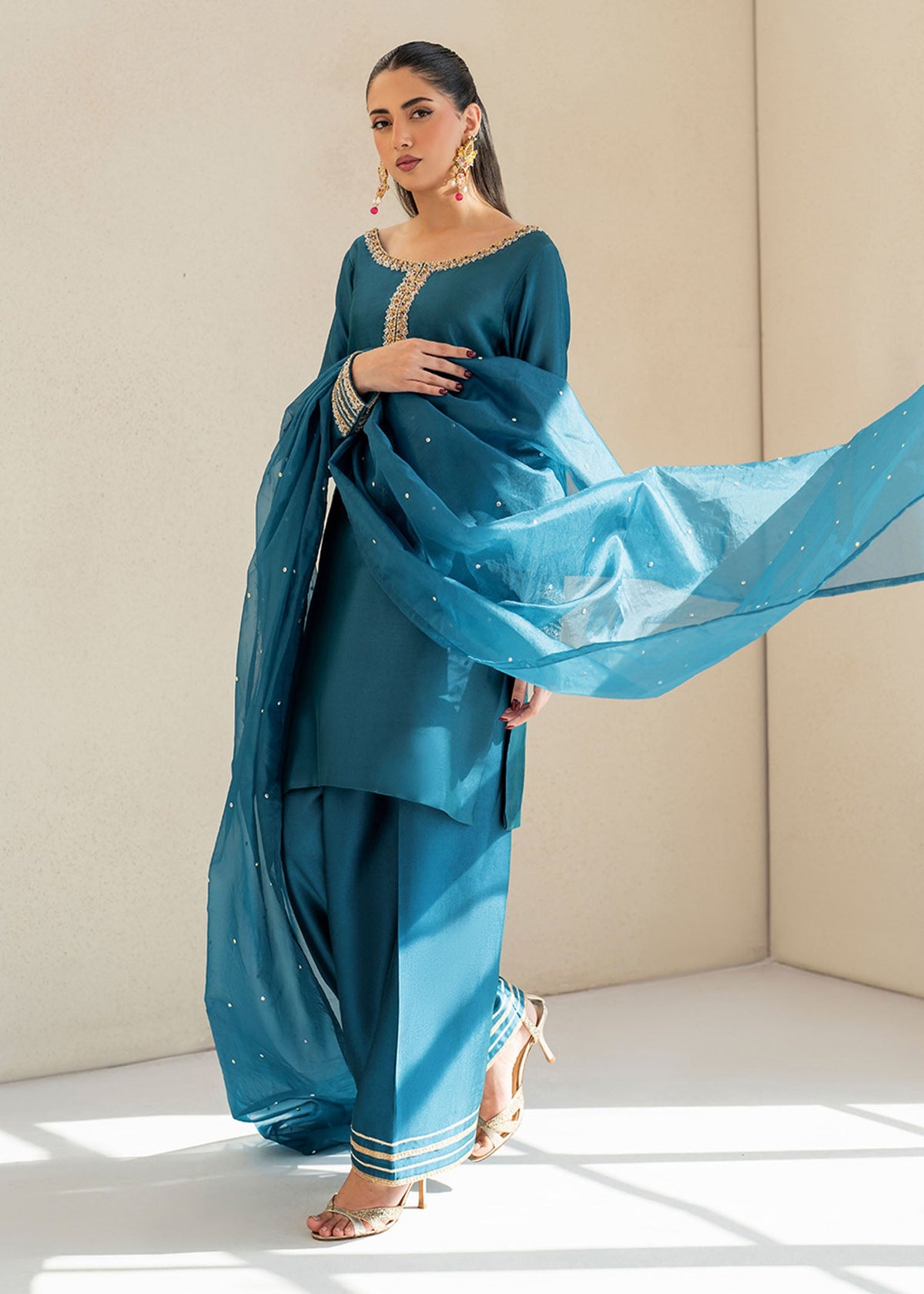 Elisa teal blue shirt suit, reference outfit photograph 7 — Made by Mairaz reproduction