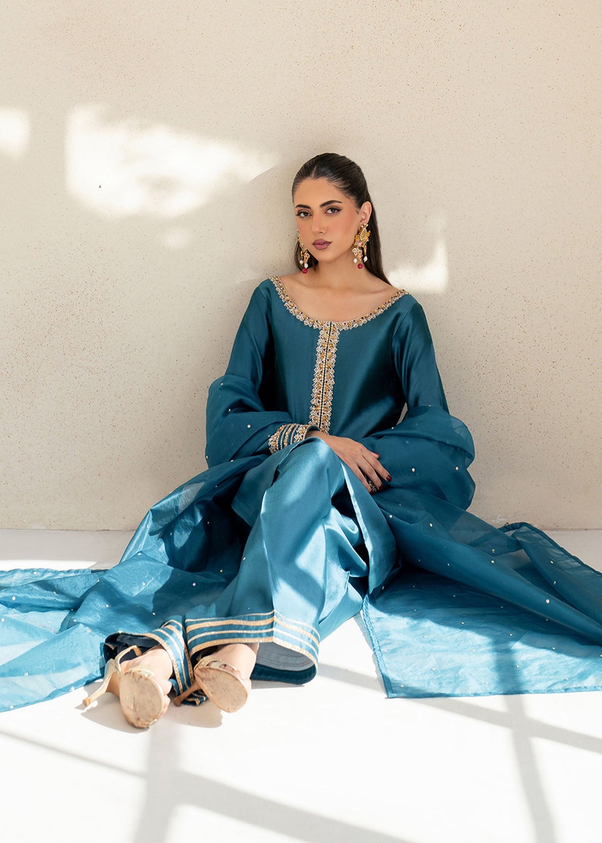 Elisa teal blue shirt suit, reference outfit photograph 8 — Made by Mairaz reproduction