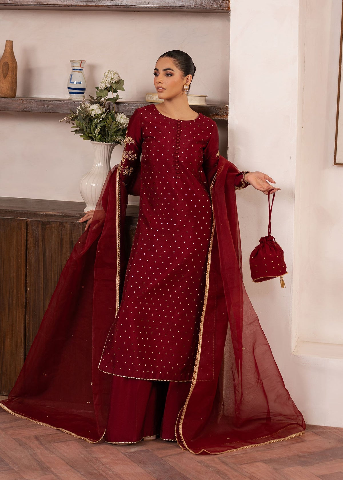 Elise maroon red shirt suit, reference outfit photograph 1 — Made by Mairaz reproduction