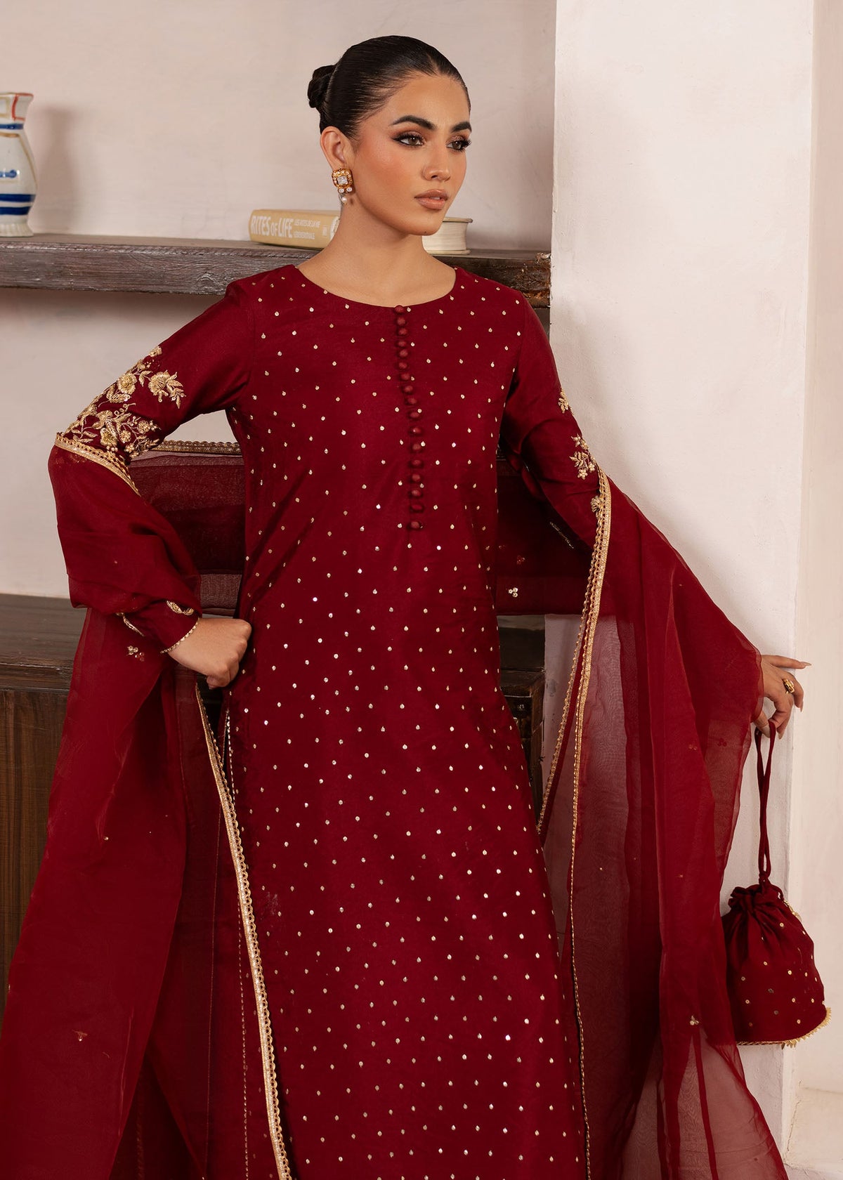 Elise maroon red shirt suit, reference outfit photograph 2 — Made by Mairaz reproduction