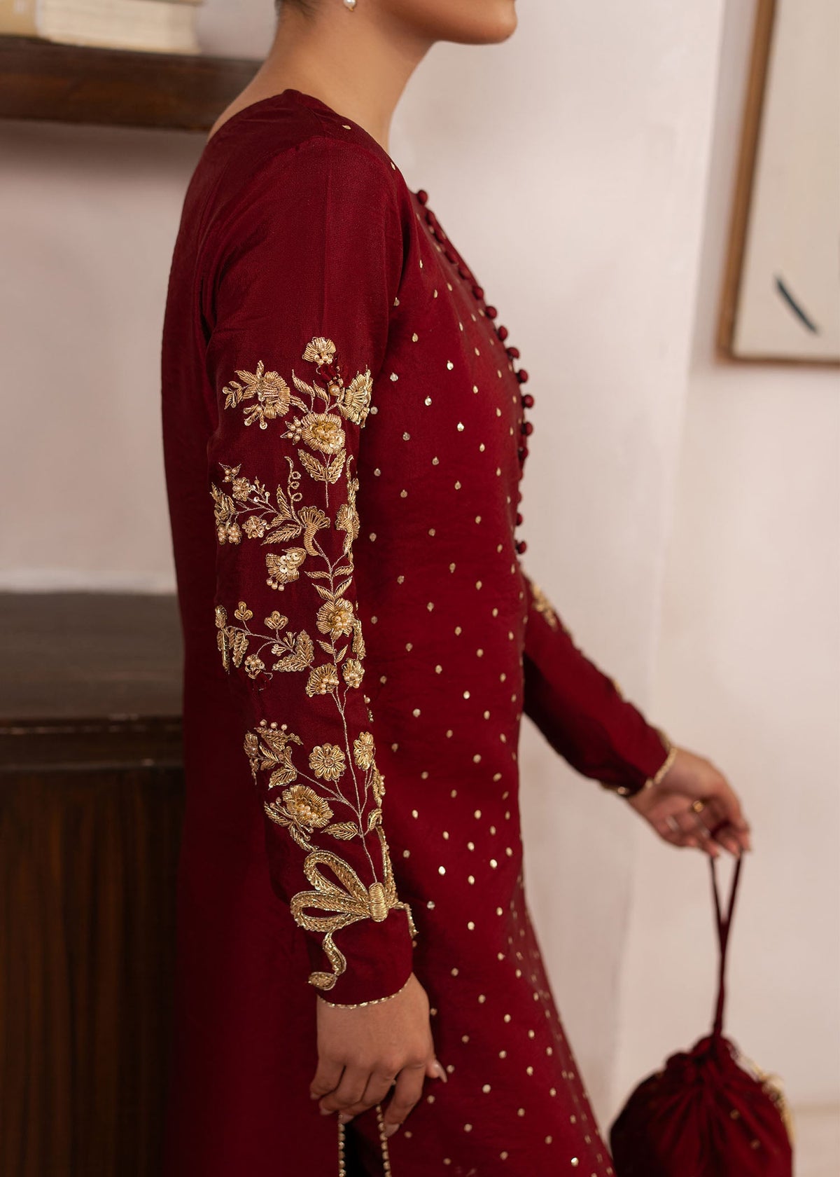 Elise maroon red shirt suit, reference outfit photograph 3 — Made by Mairaz reproduction