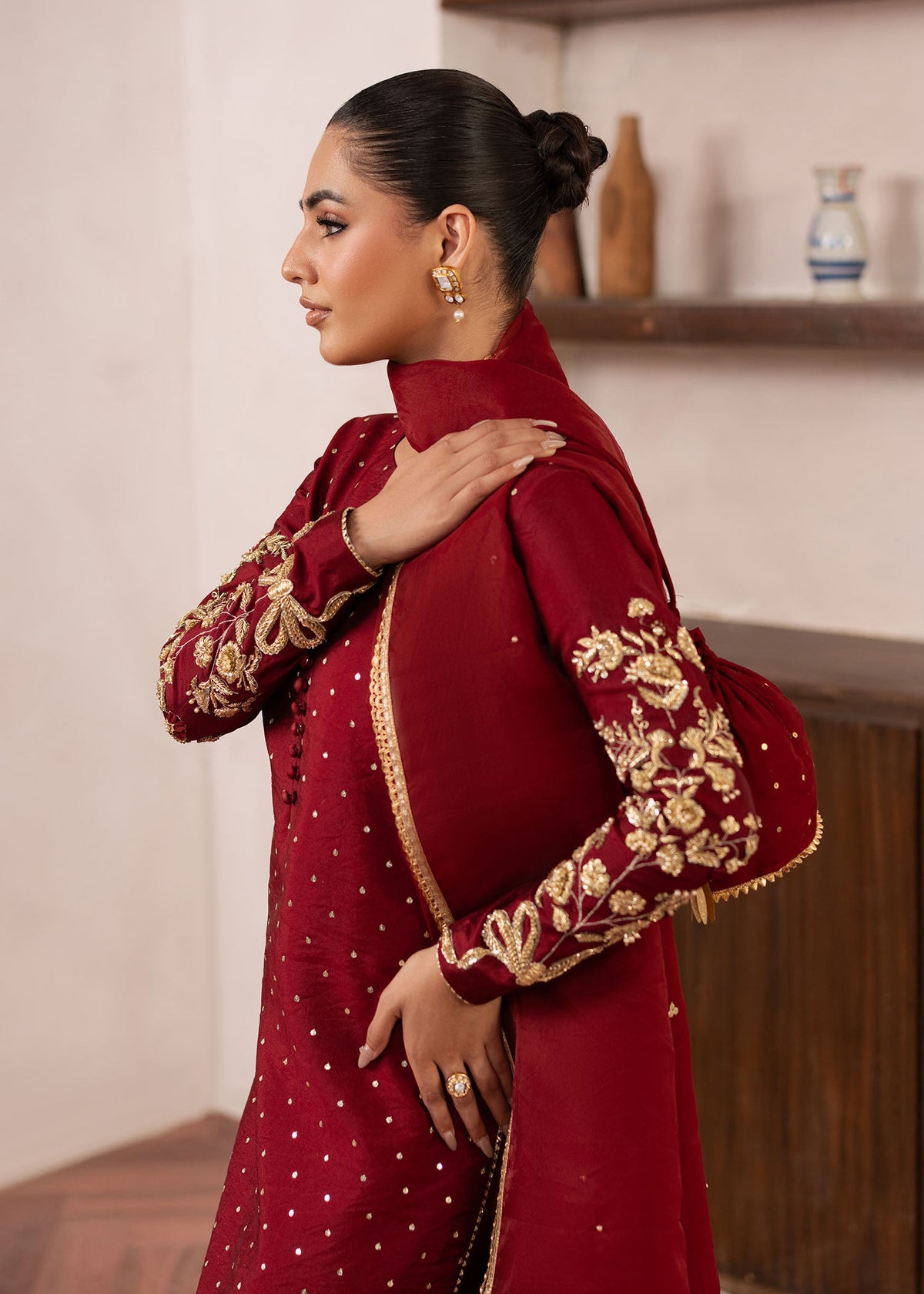 Elise maroon red shirt suit, reference outfit photograph 4 — Made by Mairaz reproduction