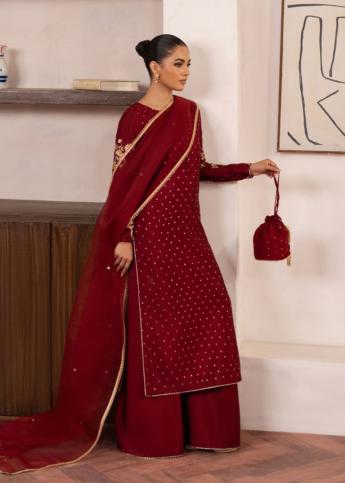 Elise maroon red shirt suit, reference outfit photograph 5 — Made by Mairaz reproduction