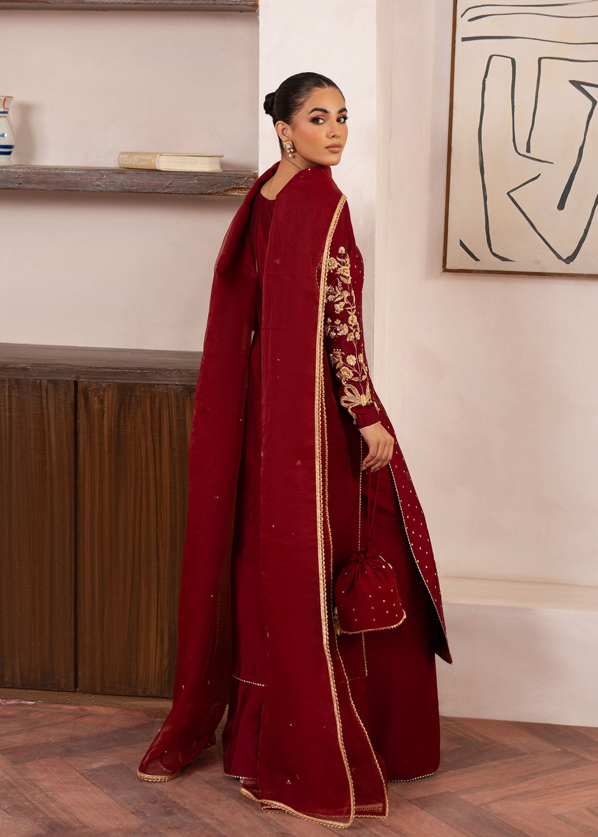 Elise maroon red shirt suit, reference outfit photograph 6 — Made by Mairaz reproduction