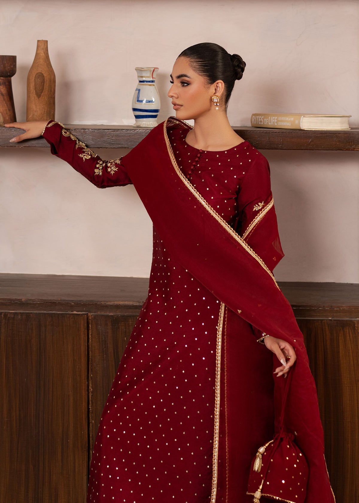 Elise maroon red shirt suit, reference outfit photograph 7 — Made by Mairaz reproduction