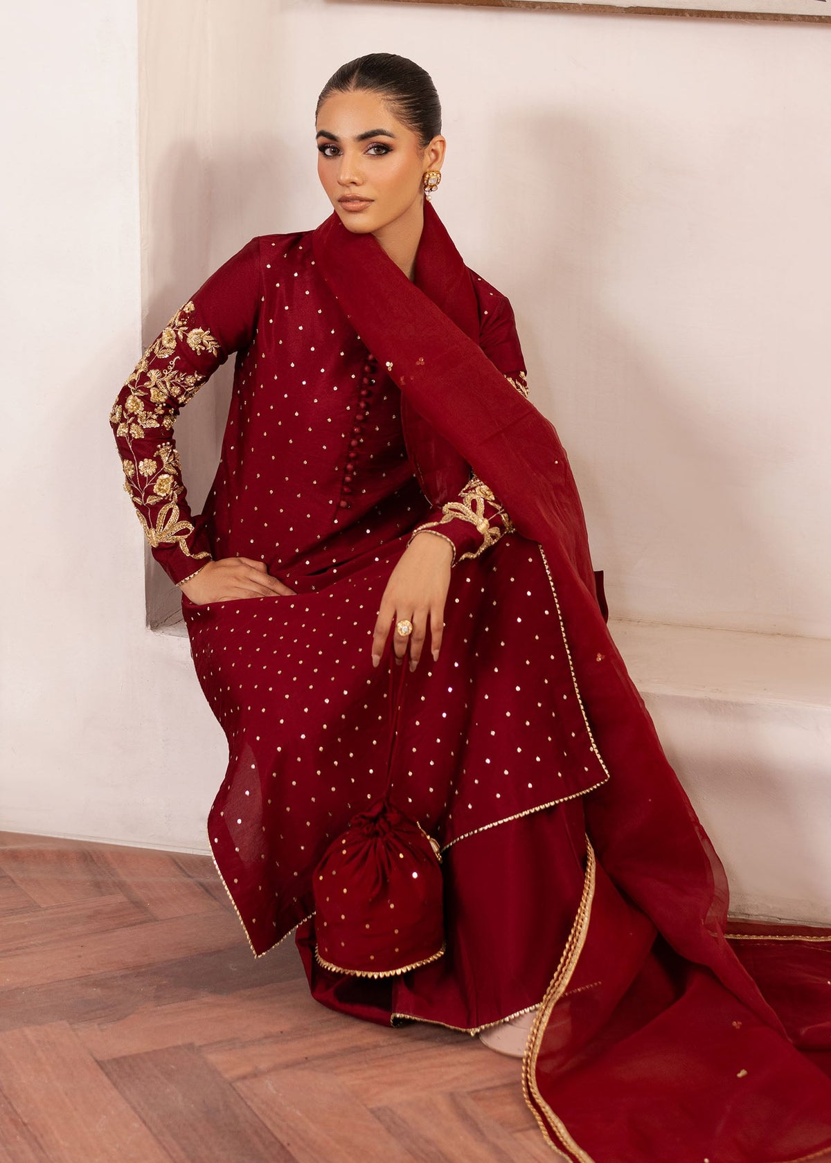 Elise maroon red shirt suit, reference outfit photograph 8 — Made by Mairaz reproduction