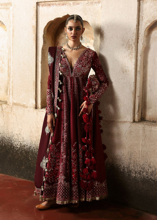 Gulnar, made by MAIRAZ — full-length front view of the burgundy and maroon pishwas with shawl