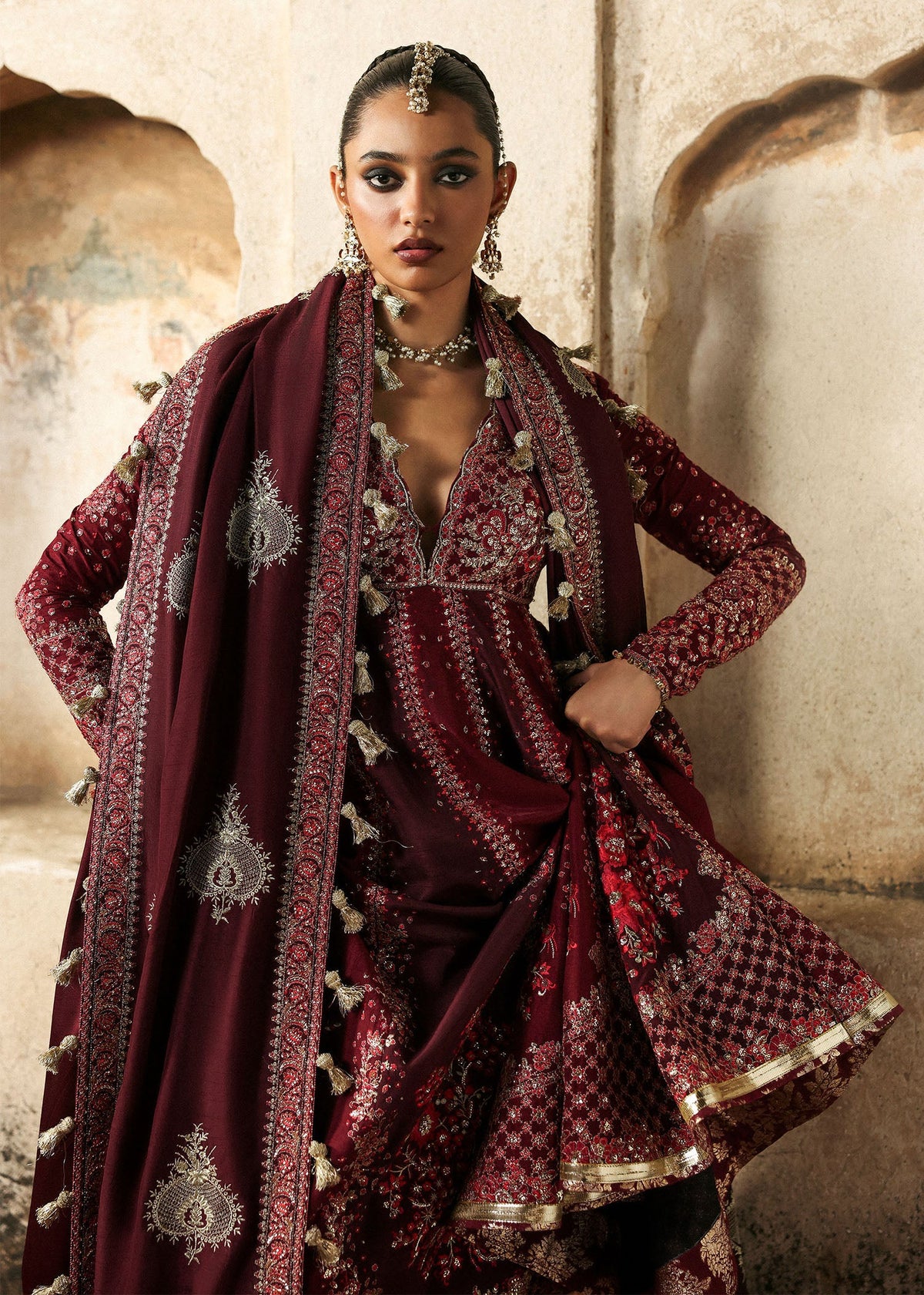 Gulnar, made by MAIRAZ — front detail view showing the bodice, sleeves and embroidered panels