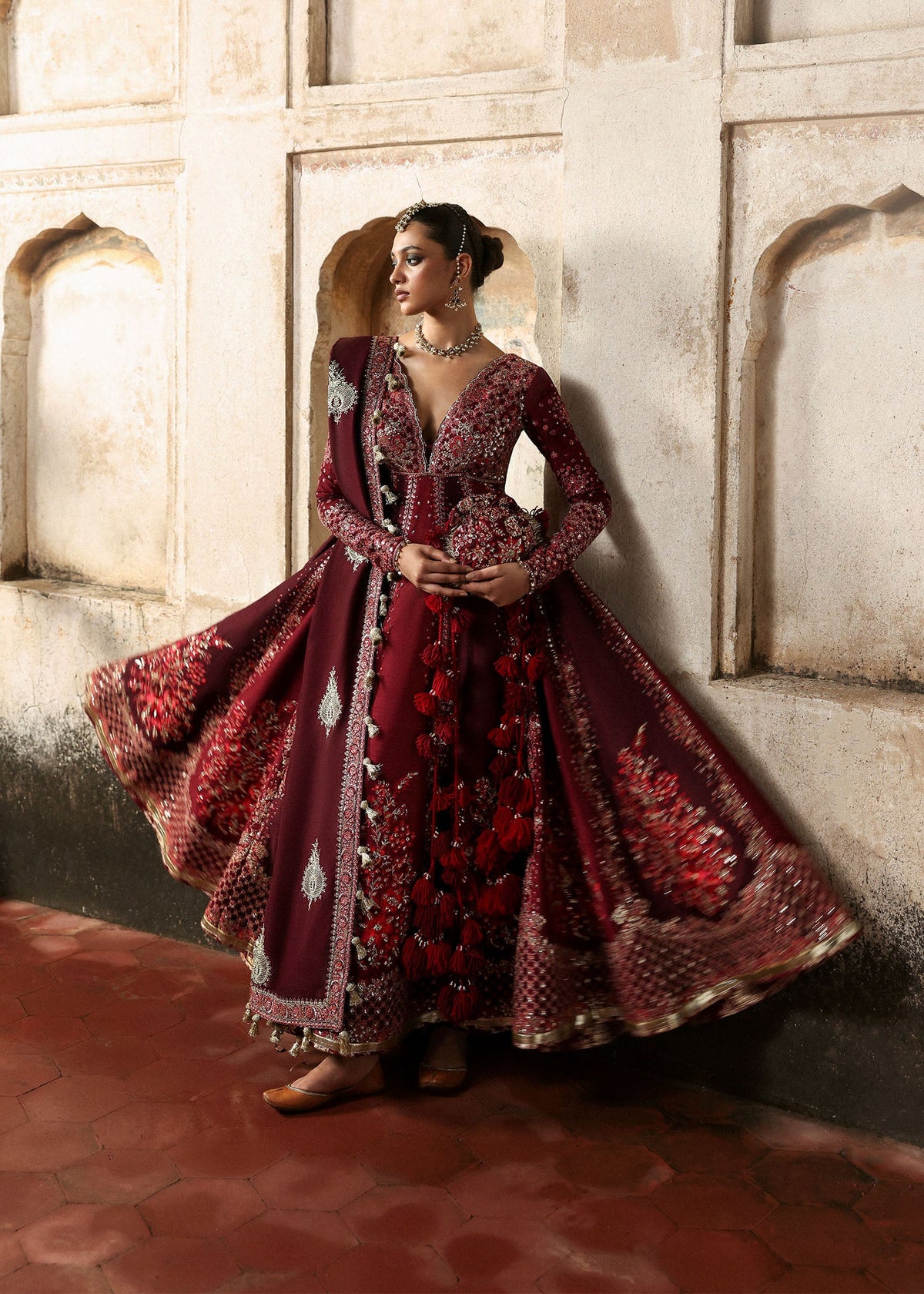 Gulnar, made by MAIRAZ — full-length view showing the pishwas flare and hem embroidery