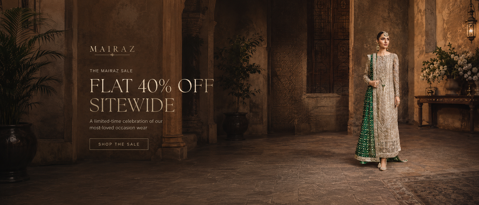 Mairaz Summer Sale campaign banner — ivory embroidered outfit with green dupatta