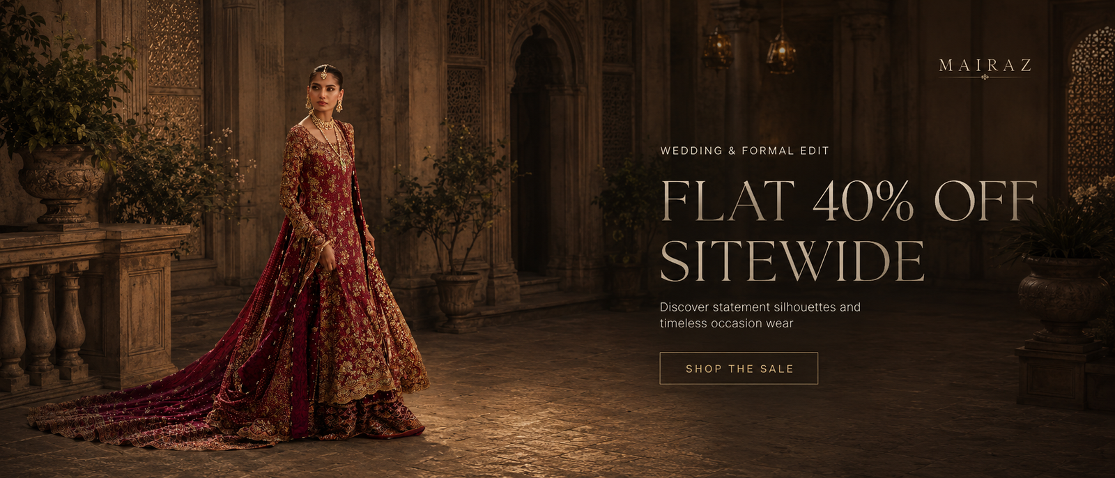 Mairaz Summer Sale campaign banner — deep red bridal ensemble