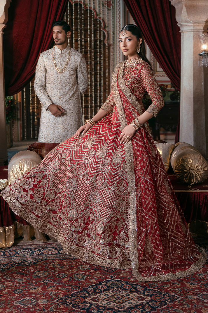 IB-54 Zeenat red maxi / lehenga choli, reference outfit photograph 4 — Made by Mairaz reproduction