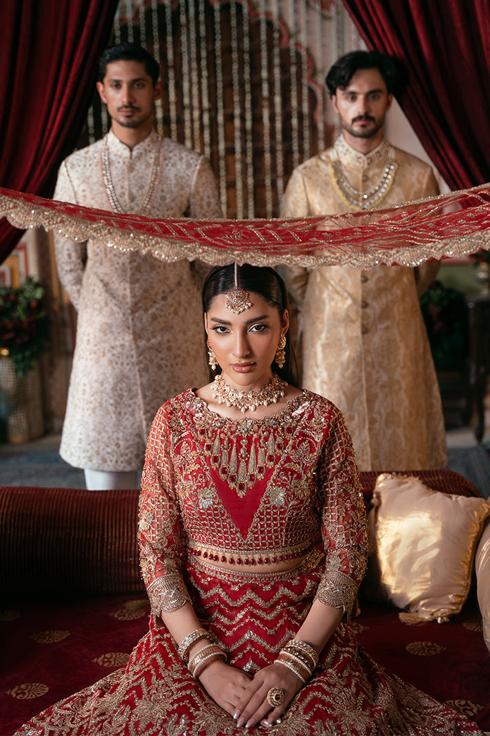 IB-54 Zeenat red maxi / lehenga choli, reference outfit photograph 5 — Made by Mairaz reproduction