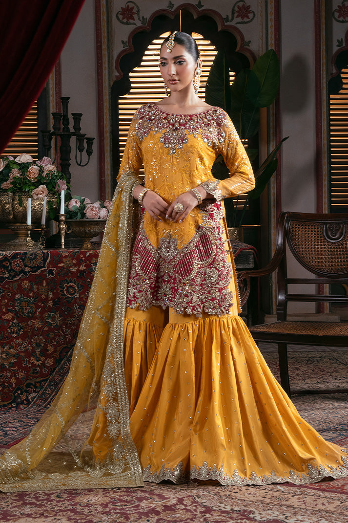 IB-55 Roshni mustard yellow sharara / gharara suit, reference outfit photograph 1 — Made by Mairaz reproduction