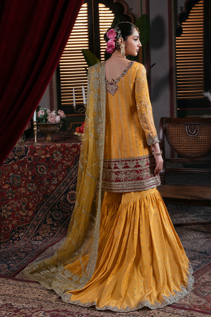 IB-55 Roshni mustard yellow sharara / gharara suit, reference outfit photograph 2 — Made by Mairaz reproduction