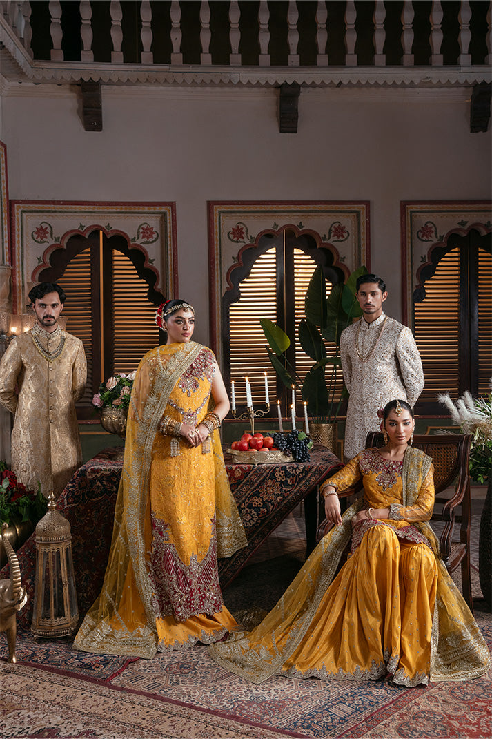 IB-55 Roshni mustard yellow sharara / gharara suit, reference outfit photograph 3 — Made by Mairaz reproduction