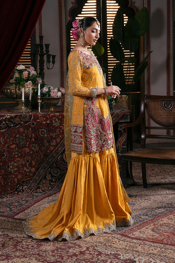IB-55 Roshni mustard yellow sharara / gharara suit, reference outfit photograph 6 — Made by Mairaz reproduction