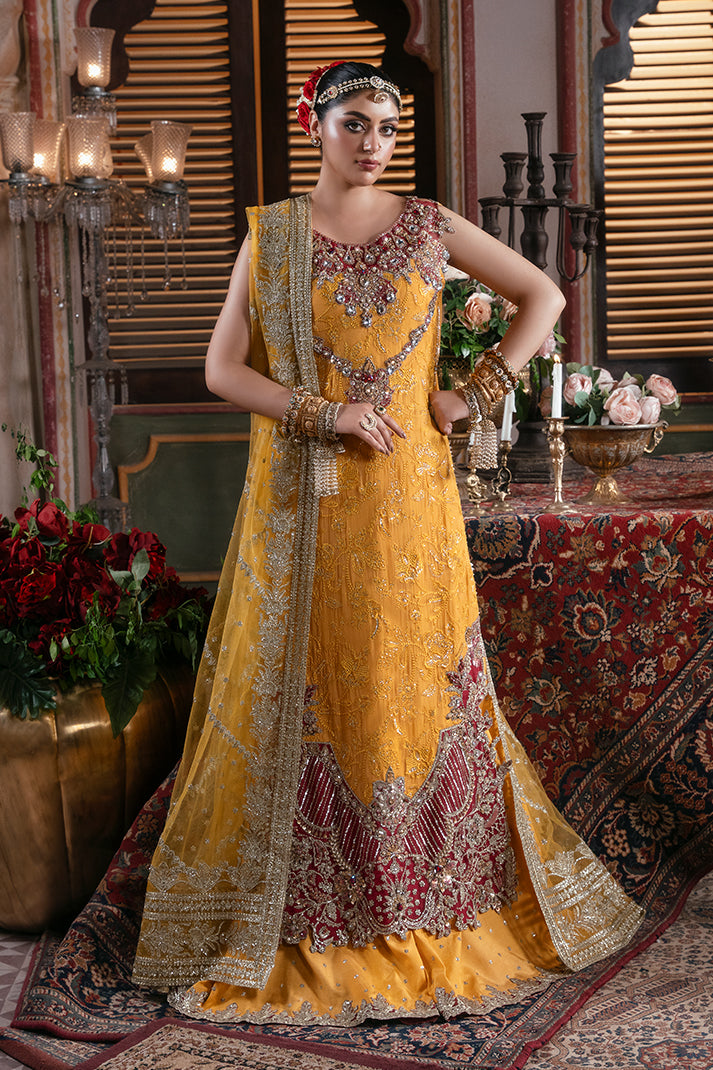 IB-55 Roshni mustard yellow sharara / gharara suit, reference outfit photograph 7 — Made by Mairaz reproduction