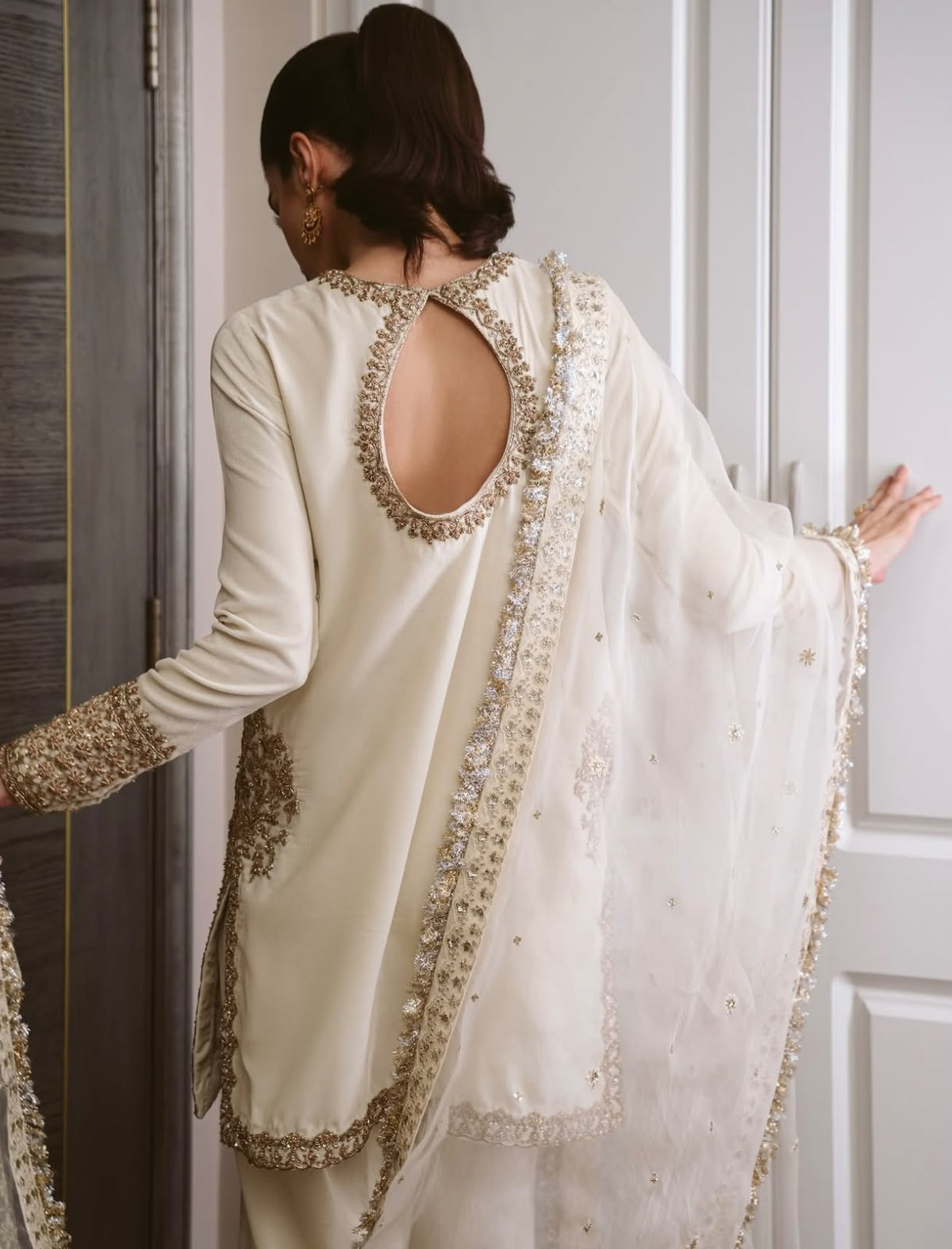 Ivory, made by MAIRAZ — back view showing the teardrop keyhole neckline and embellished dupatta border