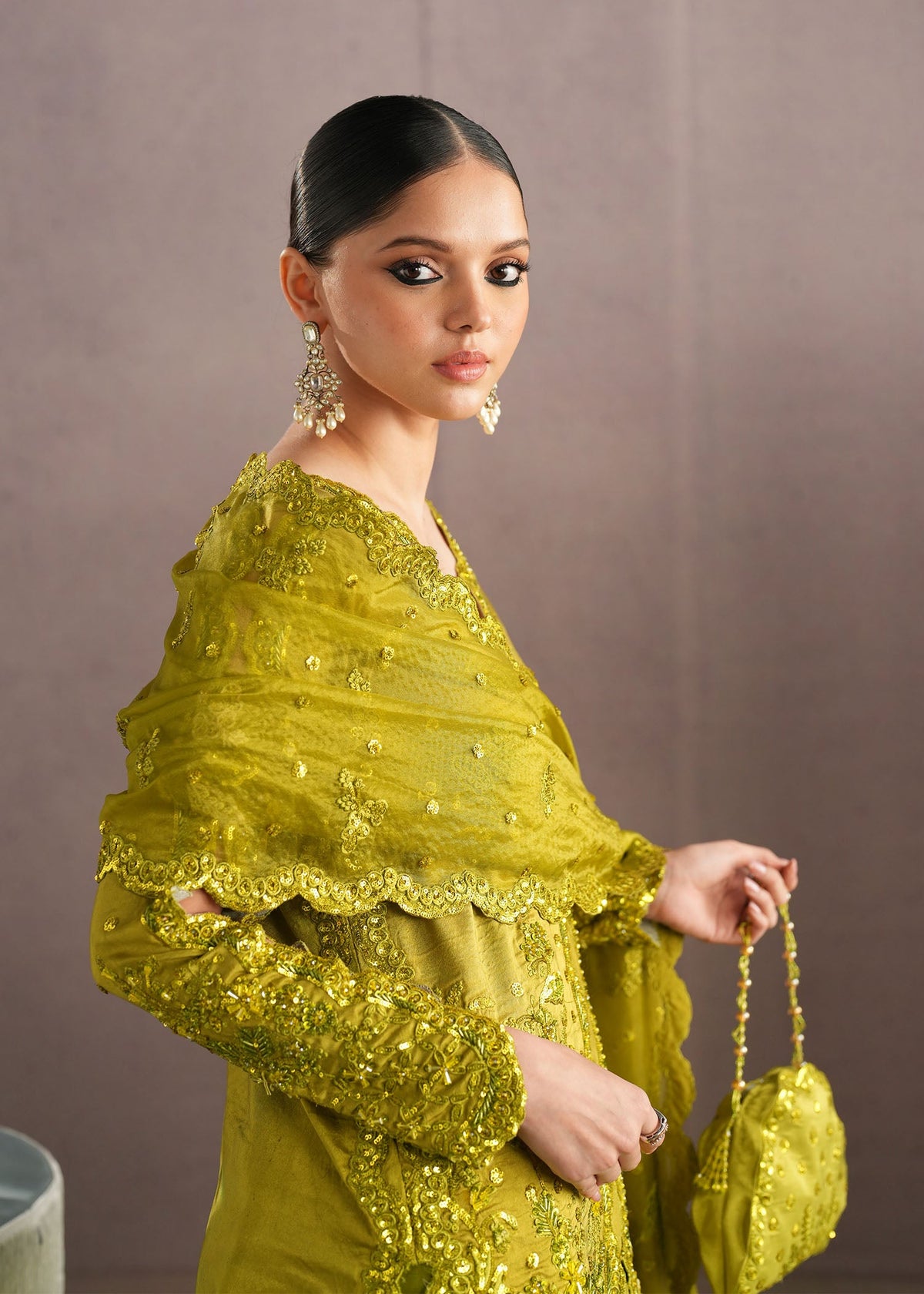 Kaia parrot green sharara suit, reference outfit photograph 7 — Made by Mairaz reproduction