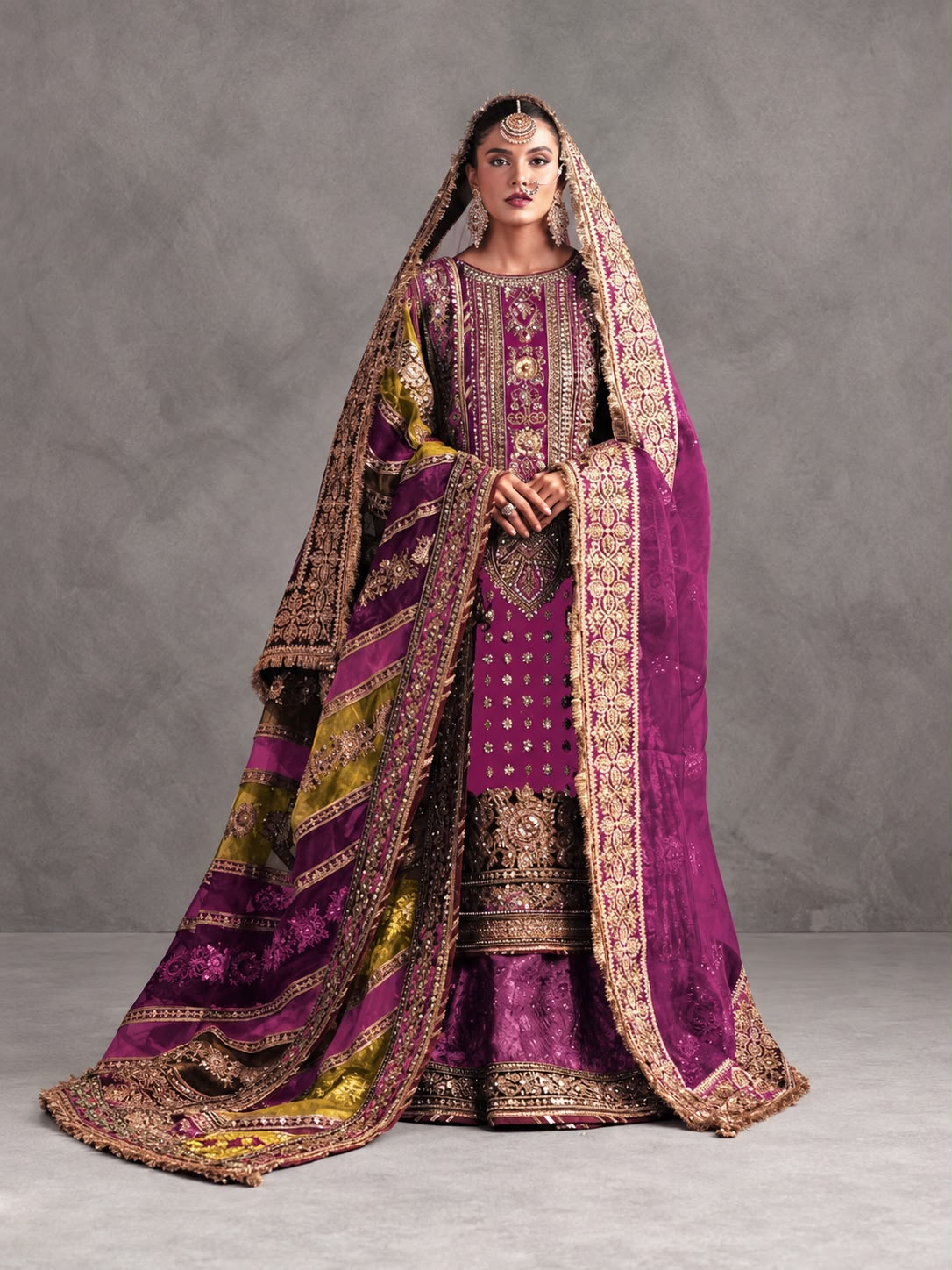 Lajoo style magenta bridal sharara full front with gold detailing and two dupattas