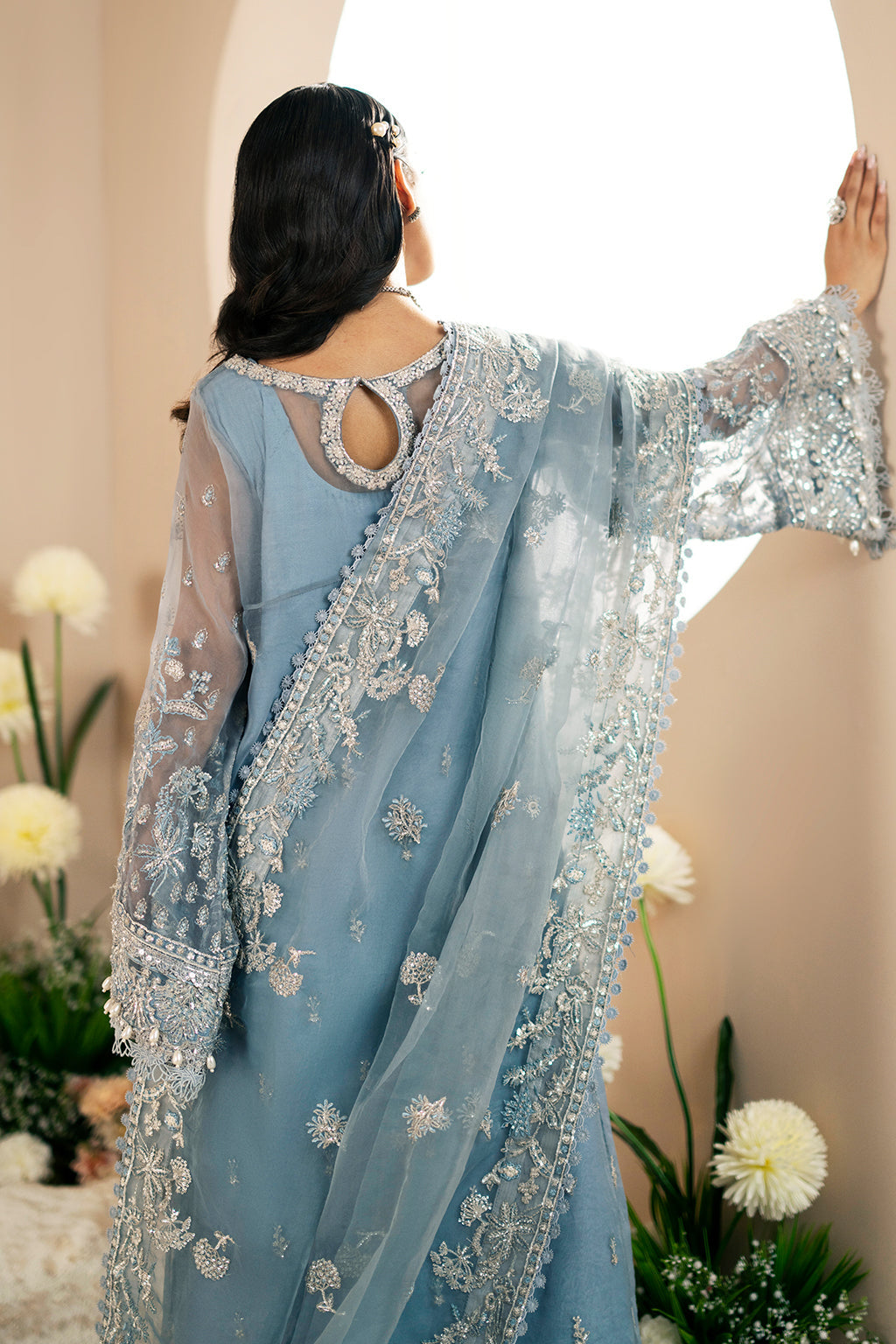 Lotus, made by MAIRAZ — back neckline, sleeve and dupatta border detail