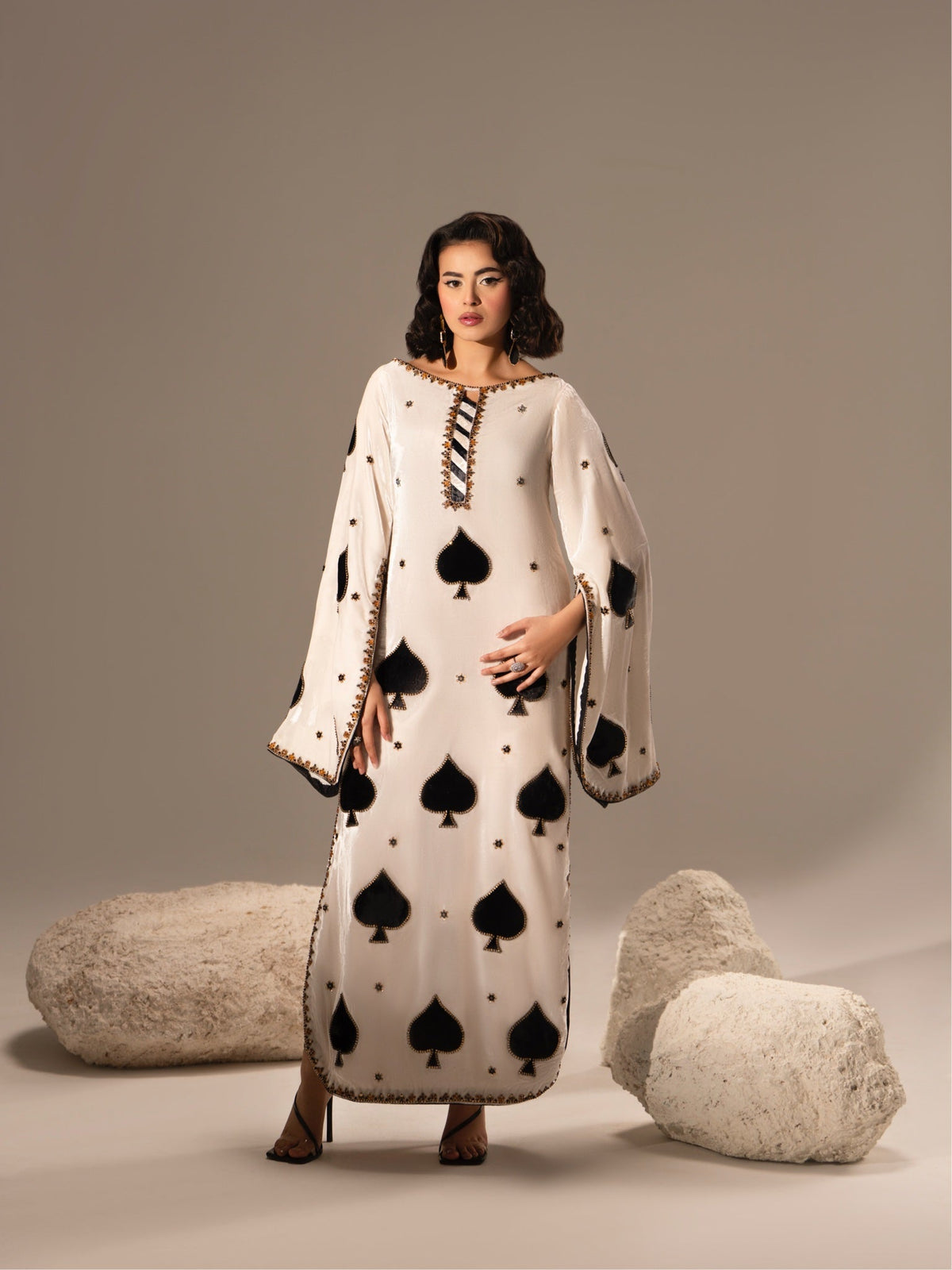 Flayers Spade ivory and black kaftan — full front, design reference