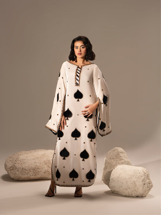 Flayers Spade ivory and black kaftan — full front, design reference