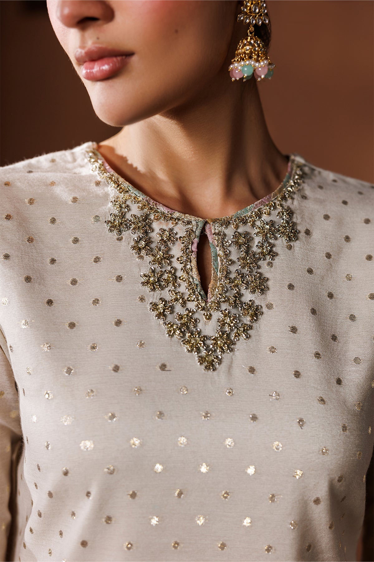 Baroque UF-4435 ivory multicolour gharara — neckline detail, design reference