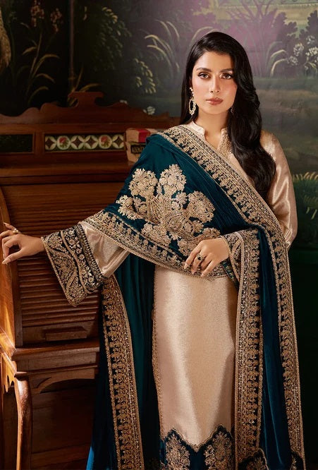 Zainab Chottani PA-198 beige and teal shawl suit — cuff and shawl motif, design reference