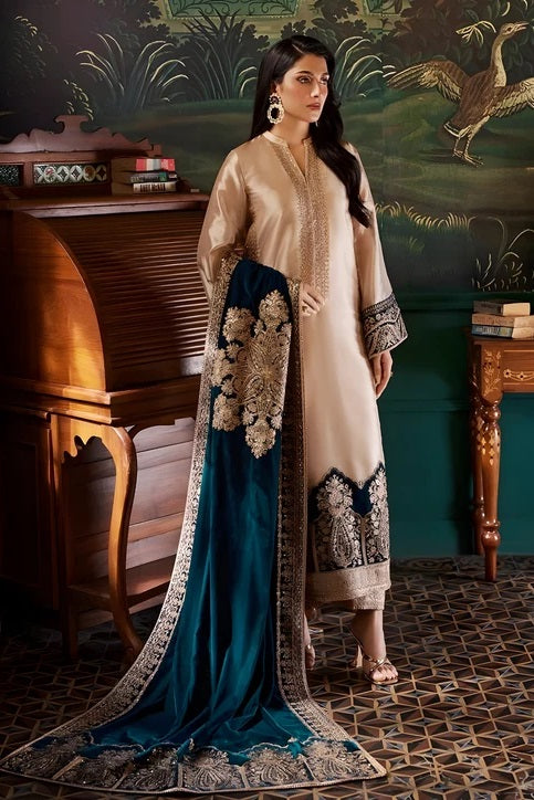 Zainab Chottani PA-198 beige and teal shawl suit — full front, design reference