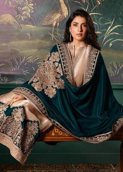 Zainab Chottani PA-198 beige and teal shawl suit — shawl border, design reference