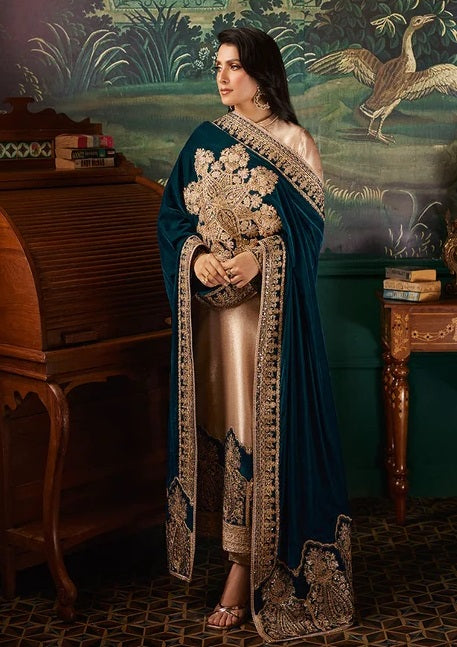Zainab Chottani PA-198 beige and teal shawl suit — shawl front, design reference