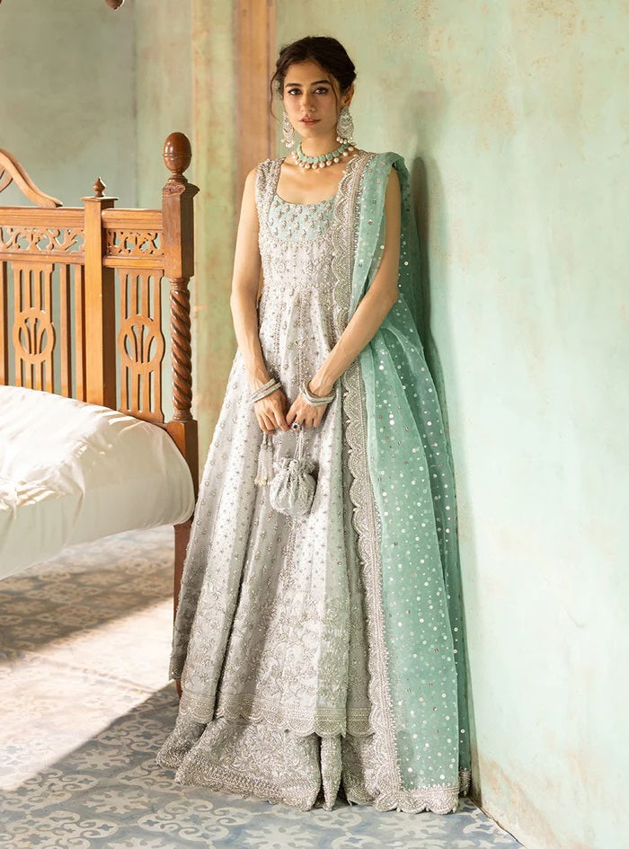 Zainab Chottani Shahnoor silver grey and mint gown — full front, design reference