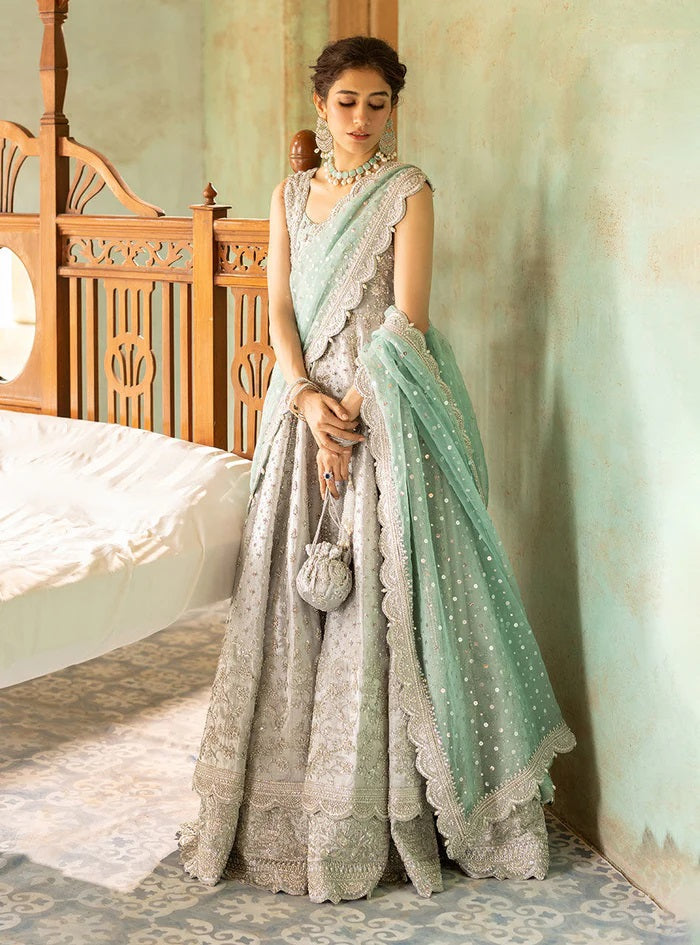 Zainab Chottani Shahnoor silver grey and mint gown — scalloped dupatta edge, design reference