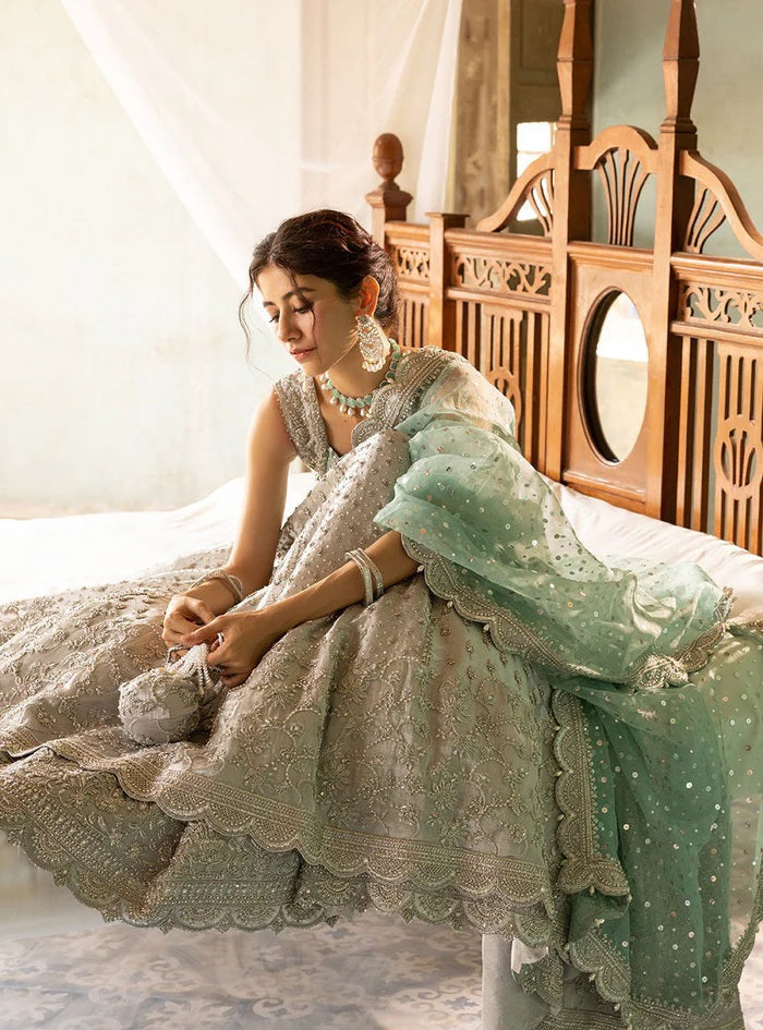 Zainab Chottani Shahnoor silver grey and mint gown — skirt embroidery detail, design reference