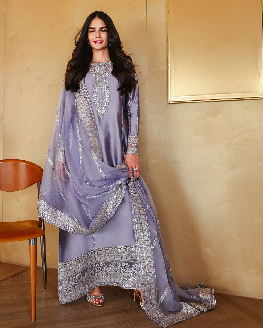 Mushq Aysel lavender formal suit — hem and dupatta drape, design reference