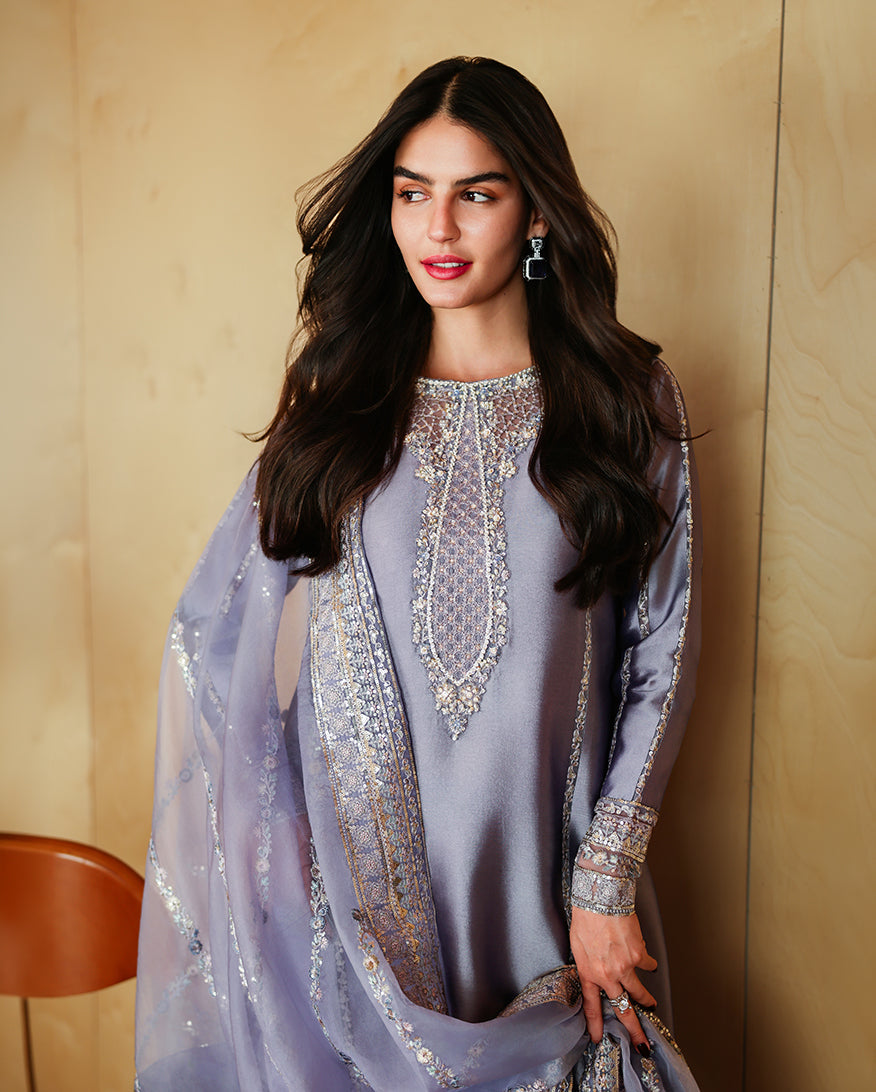 Mushq Aysel lavender formal suit — neckline and cuff detail, design reference