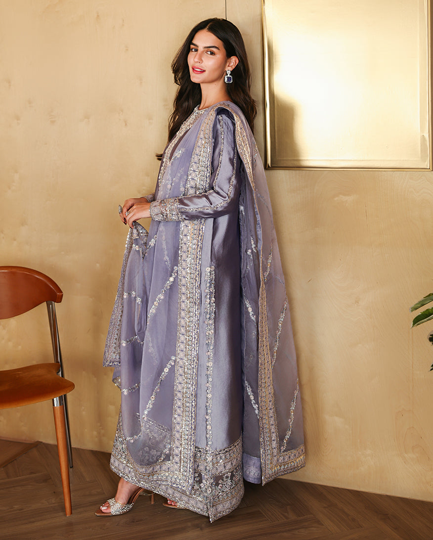 Mushq Aysel lavender formal suit — side and dupatta view, design reference
