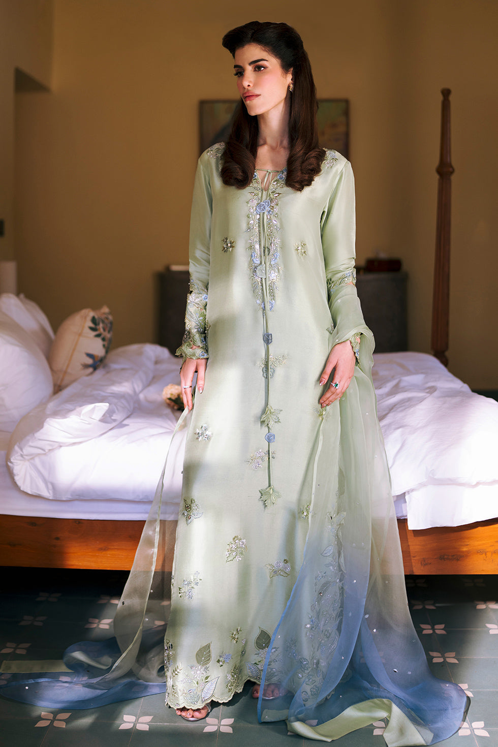 Zona Shaham May mint green outfit — front drape, design reference