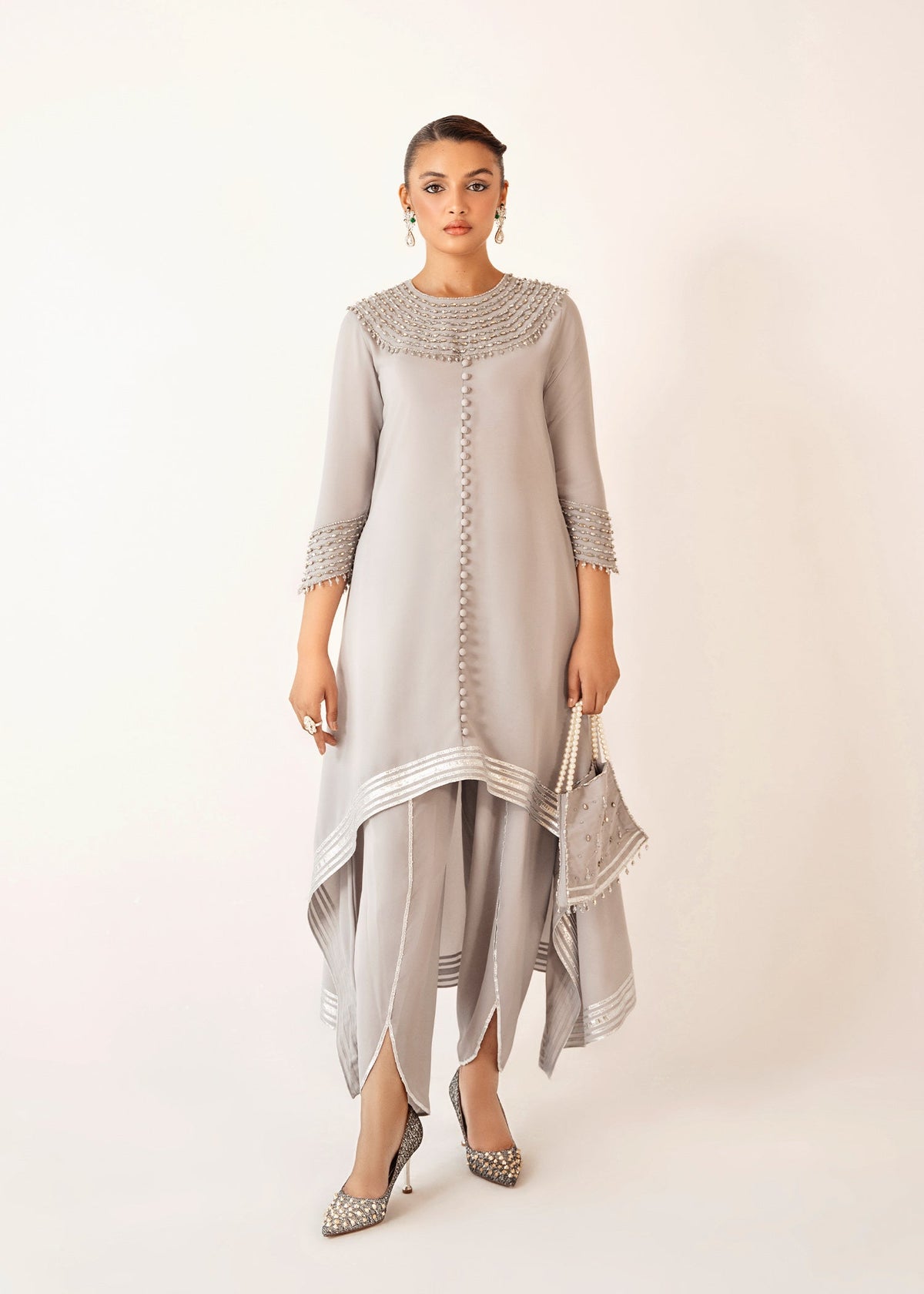 Lumin platinum silver kaftan, reference outfit photograph 1 — Made by Mairaz reproduction