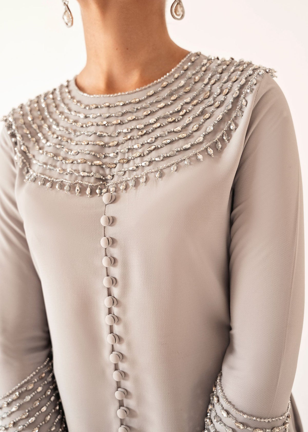Lumin platinum silver kaftan, reference outfit photograph 2 — Made by Mairaz reproduction