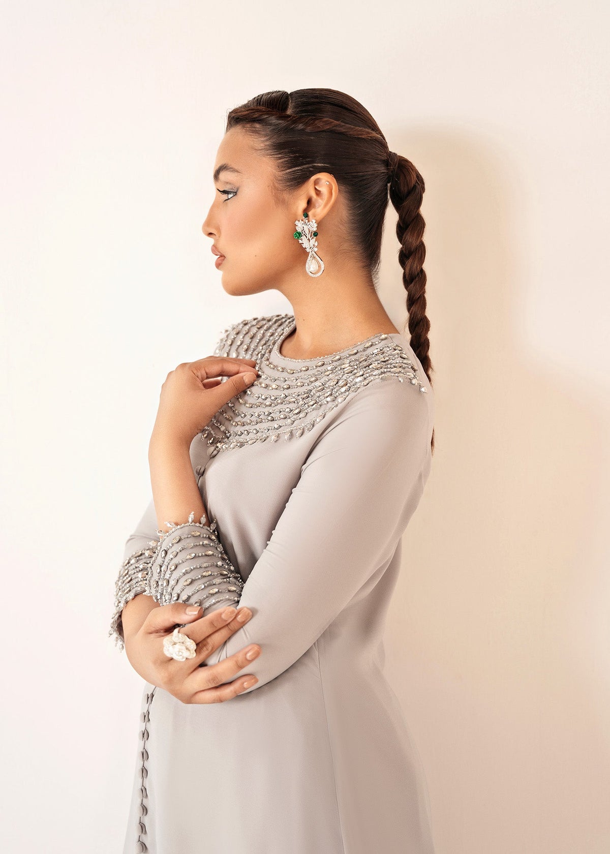 Lumin platinum silver kaftan, reference outfit photograph 3 — Made by Mairaz reproduction
